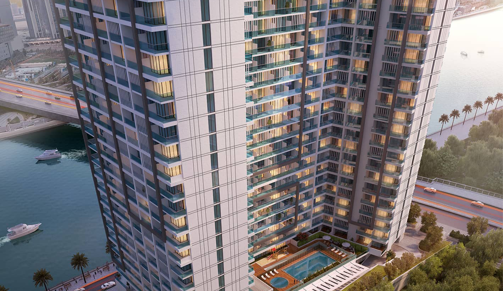 Private balconies and spacious terraces offering sweeping views of Abu Dhabi skyline and canal at  Al Maryah Vista’s